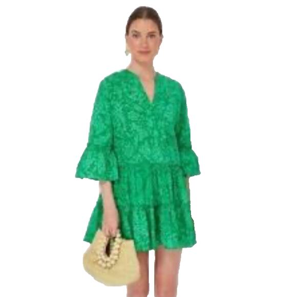 Tuckernuck Hyacinth House Mini Dress L Green Floral Tiered Ruffled Bell Sleeve - Picture 1 of 9